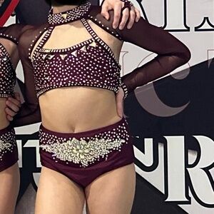 Glamour Burgundy Beaded Two-Piece Dance Costume (Size LC)